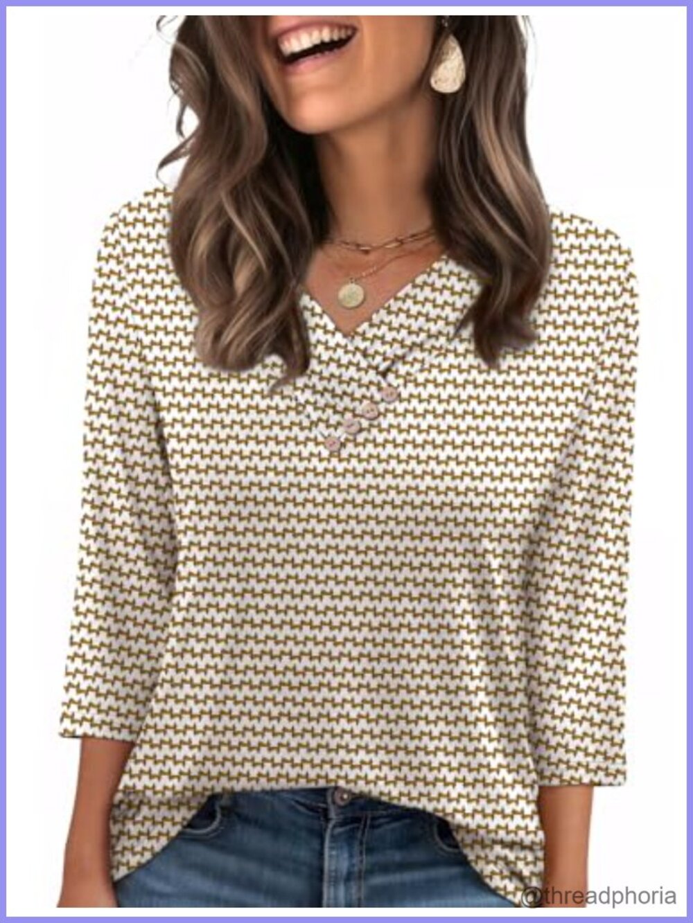 Women's V Neck 3/4 Sleeve Button Down Blouse